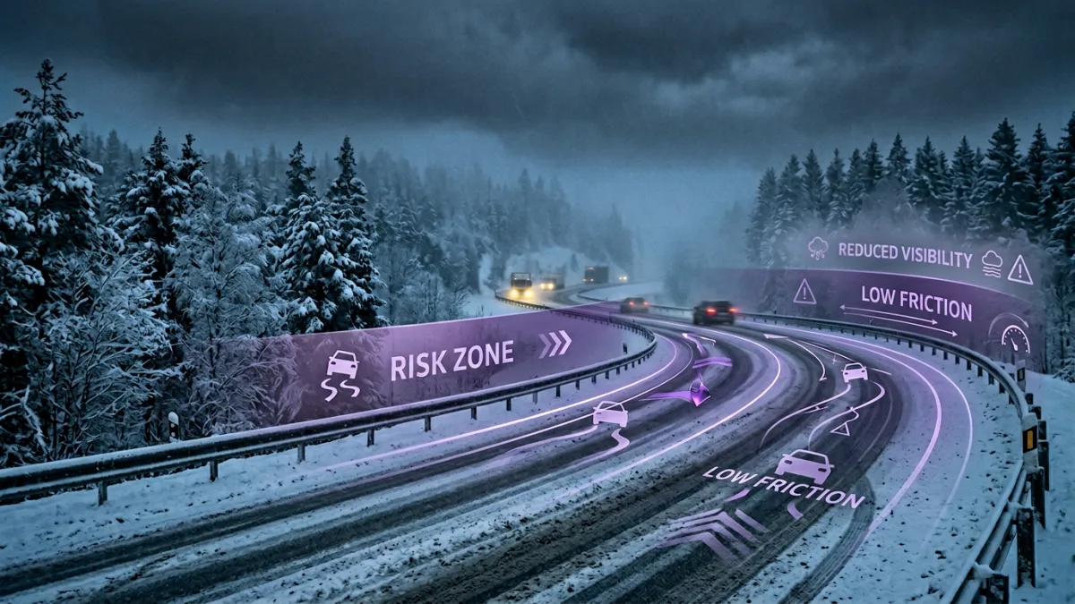 Zimowy krajobraz drogowy i warstwy ryzyka mobilności, miniatura artykułu WebP 1200x675 px